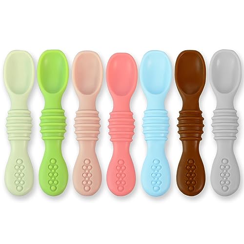 Baby Spoons Self Feeding 6 Months - 7 Pack Silicone First Stage Infant Training Spoons, Baby Led Weaning Untensils for Toddlers, BPA-Free Rainbow Chewable Teething Spoons for Kids - Dishwasher Safe