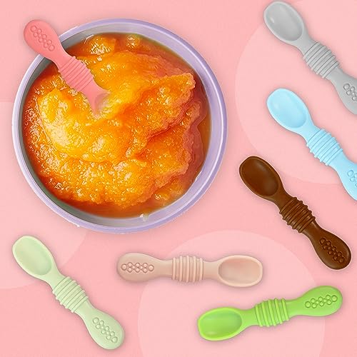 Baby Spoons Self Feeding 6 Months - 7 Pack Silicone First Stage Infant Training Spoons, Baby Led Weaning Untensils for Toddlers, BPA-Free Rainbow Chewable Teething Spoons for Kids - Dishwasher Safe