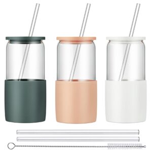 sunseeke glass tumbler with straw and lid, 16oz ice coffee cup, silicone sleeve cleaning brushes, drinking glasses for water, iced coffee, smoothie -bpa free -3 pack