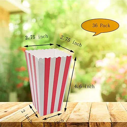 36 Pcs Popcorn Boxes, Mini Paper Popcorn Box, Container for Movie Night Decorations, White and Red Stripes