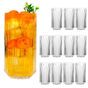 qappda highball glasses set of 12,vintage ribbed 13oz drinking glasses,origami style glass cups everyday glassware for cocktail,whiskey,juice,water