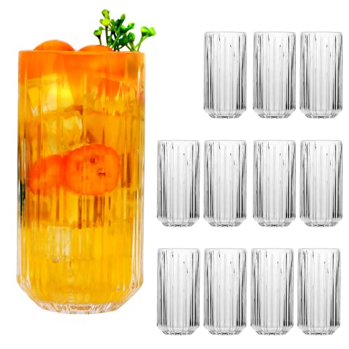 QAPPDA Highball Glasses Set of 12,Vintage Ribbed 13oz Drinking Glasses,Origami Style Glass Cups Everyday Glassware for Cocktail,Whiskey,Juice,Water