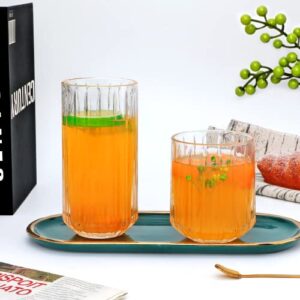 QAPPDA Highball Glasses Set of 12,Vintage Ribbed 13oz Drinking Glasses,Origami Style Glass Cups Everyday Glassware for Cocktail,Whiskey,Juice,Water