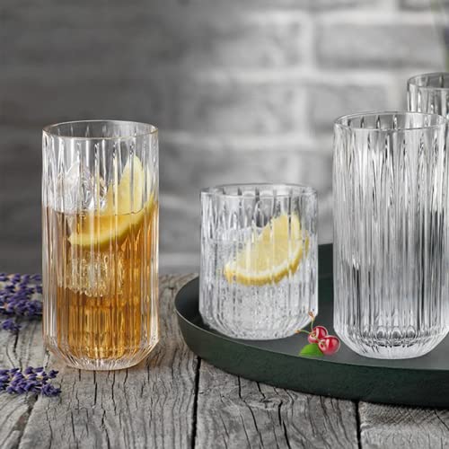 QAPPDA Highball Glasses Set of 12,Vintage Ribbed 13oz Drinking Glasses,Origami Style Glass Cups Everyday Glassware for Cocktail,Whiskey,Juice,Water