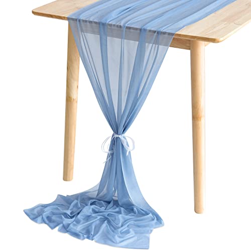 Fixwal Blue Chiffon Table Runner, 120 Inches Dusty Blue Elegant Sheer Wedding Table Runner, Romantic Table Decorations for Bridal Shower, Baby Shower, Birthday Party