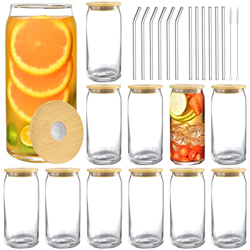 Rainforce 20 Oz Glass Cups With Lids And Straws, Beer Can Shaped Glass 12Pcs Set, Iced Coffee Cups, Glass Beer Can Cups, Drinking Glasses With Bamboo Lids, Beer Glasses, Cute Tumbler Glass Cups