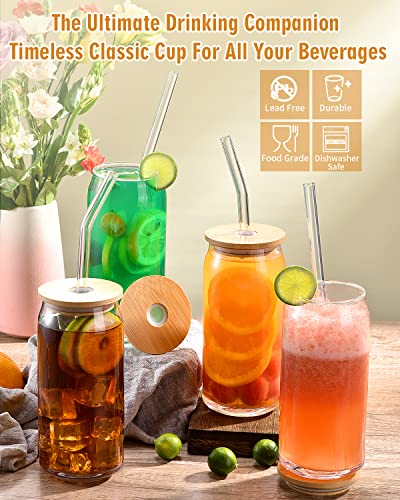 Rainforce 20 Oz Glass Cups With Lids And Straws, Beer Can Shaped Glass 12Pcs Set, Iced Coffee Cups, Glass Beer Can Cups, Drinking Glasses With Bamboo Lids, Beer Glasses, Cute Tumbler Glass Cups