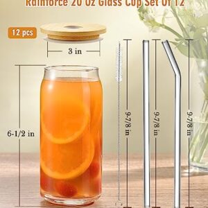 Rainforce 20 Oz Glass Cups With Lids And Straws, Beer Can Shaped Glass 12Pcs Set, Iced Coffee Cups, Glass Beer Can Cups, Drinking Glasses With Bamboo Lids, Beer Glasses, Cute Tumbler Glass Cups