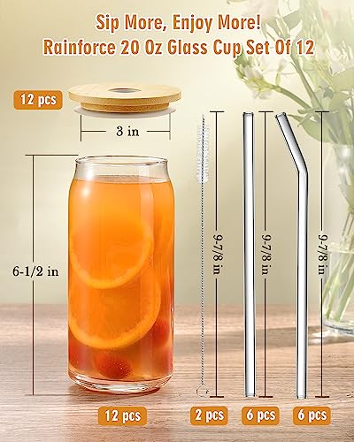 Rainforce 20 Oz Glass Cups With Lids And Straws, Beer Can Shaped Glass 12Pcs Set, Iced Coffee Cups, Glass Beer Can Cups, Drinking Glasses With Bamboo Lids, Beer Glasses, Cute Tumbler Glass Cups