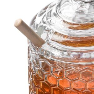 Royalty Art Glass Honey Pot with Beehive Lid and Wooden Dipper, 3 Pc. Set, Decorative Kitchen Accessory and Dispenser, Honeycomb Glassware, Reusable and Washable