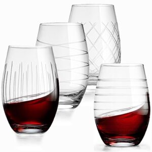 set of 4 etched stemless wine glasses - wine tumbler drinking glass cups - kitchen water glasses gift cup sets - lowball cocktail glasses for wedding anniversary drink