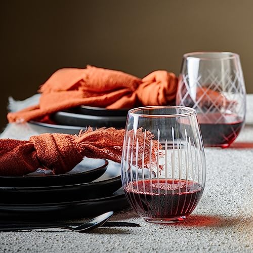 Set of 4 Etched Stemless Wine Glasses - Wine Tumbler Drinking Glass Cups - Kitchen Water Glasses Gift Cup Sets - Lowball Cocktail Glasses for Wedding Anniversary Drink