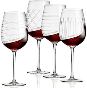 wine glasses set of 4-16oz. clear etched red and white unique long stem wine glass cups for alcohol party, wedding, home