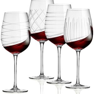 Wine Glasses Set of 4-16oz. Clear Etched Red and White Unique Long Stem Wine Glass Cups for Alcohol Party, Wedding, Home