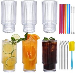 moretoes glass cups, 6pcs,12oz, ribbed glassware with straws glass, iced coffee cups, cute vintage drinking glasses set