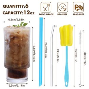 Moretoes Glass Cups, 6pcs,12oz, Ribbed Glassware with Straws Glass, Iced Coffee Cups, Cute Vintage Drinking Glasses Set