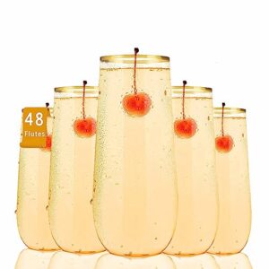 roimee vont 48 pack plastic champagne flutes disposable 9 oz stemless clear plastic champagne glasses plastic mimosa glasses with gold rim unbreakable for party wedding birthday (heavy duty)