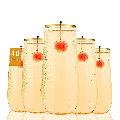 ROIMEE VONT 48 Pack Plastic Champagne Flutes Disposable 9 Oz Stemless Clear Plastic Champagne Glasses Plastic Mimosa Glasses with Gold Rim Unbreakable for Party Wedding Birthday (Heavy Duty)