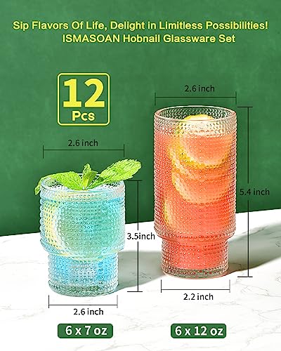 ISMASOAN Hobnail Drinking Glasses Set of 12,Glass Cups 12 oz and 7 oz,Hobnail Glassware,Vintage Glassware,Romantic Water Glasse,Drinking Glasses,Collins Glasses