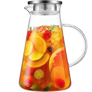 2 liter 68 oz glass pitcher with lid, bivvclaz glass water pitcher for fridge, glass water carafe for hot/cold beverage, iced tea pitcher, large pitcher for coffee, juice, easy clean glass jug