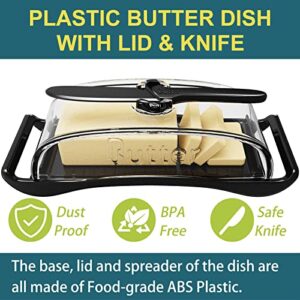 PAIKIUU Butter Dish with Lid and Knife - BPA-Free Plastic Butter Container for Countertop - Easy Grip Handles -Dishwasher, and Freezer Safe - Perfect for East and West Coast Butter - Black