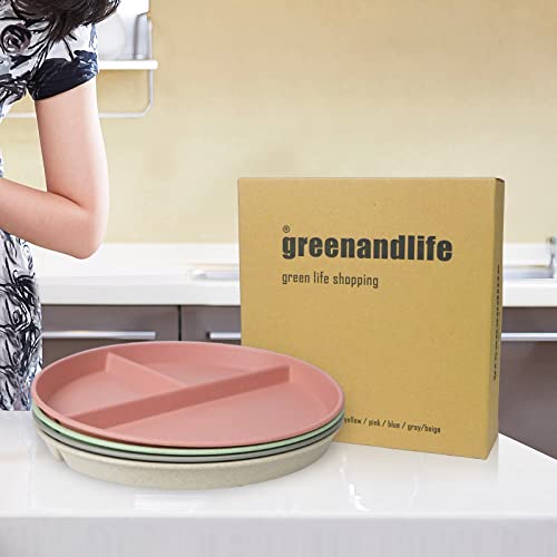 greenandlife 9 Inch (4PCS) Unbreakable Divided Plates for Kids Adults, Dishwasher & Microwave Safe Compartment Plates, Lightweight Reusable Plastic Portion Control Plates, BPA Free and Healthy