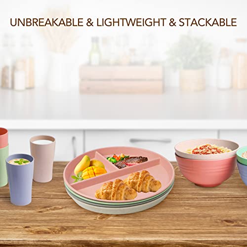 greenandlife 9 Inch (4PCS) Unbreakable Divided Plates for Kids Adults, Dishwasher & Microwave Safe Compartment Plates, Lightweight Reusable Plastic Portion Control Plates, BPA Free and Healthy