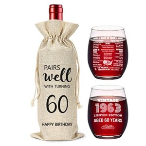 yueyuqiu 60th birthday gifts for women men 60 years old birthday gifts, back in 1963 old time information, funny 60th birthday present, sixty birthday milestone gifts wine bags glass