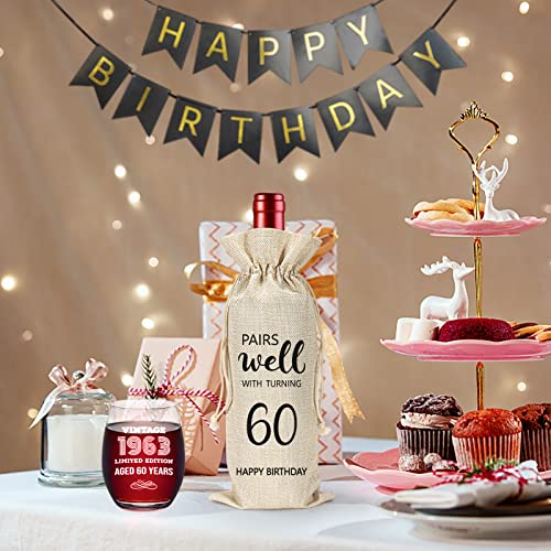 YUEYUQIU 60th Birthday Gifts for Women Men 60 Years Old Birthday Gifts, Back in 1963 Old Time Information, Funny 60th Birthday Present, Sixty Birthday Milestone Gifts Wine Bags Glass