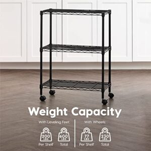 IRIS USA 3-Tier Adjustable Steel Storage Rack with Removable Locking Casters (Up to 600 lbs Loading Capacity), Easy Assembly Wire Organization Unit with Metal Shelves, Black (23.5"L x 14"W x 32"H)