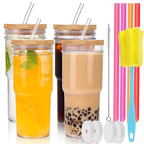 Moretoes 4pcs 24oz Glass Cups with Lids and Straws, Glass Iced Coffee Cups Cute Travel Tumbler Cup, Drinking Glasses Set Reusable Boba Bottle for Jumbo Smoothie, Bubble Tea, Cold Brew,Soda, Juice