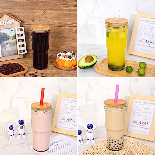 Moretoes 4pcs 24oz Glass Cups with Lids and Straws, Glass Iced Coffee Cups Cute Travel Tumbler Cup, Drinking Glasses Set Reusable Boba Bottle for Jumbo Smoothie, Bubble Tea, Cold Brew,Soda, Juice