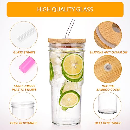 Moretoes 4pcs 24oz Glass Cups with Lids and Straws, Glass Iced Coffee Cups Cute Travel Tumbler Cup, Drinking Glasses Set Reusable Boba Bottle for Jumbo Smoothie, Bubble Tea, Cold Brew,Soda, Juice