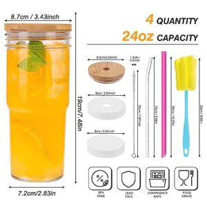 Moretoes 4pcs 24oz Glass Cups with Lids and Straws, Glass Iced Coffee Cups Cute Travel Tumbler Cup, Drinking Glasses Set Reusable Boba Bottle for Jumbo Smoothie, Bubble Tea, Cold Brew,Soda, Juice