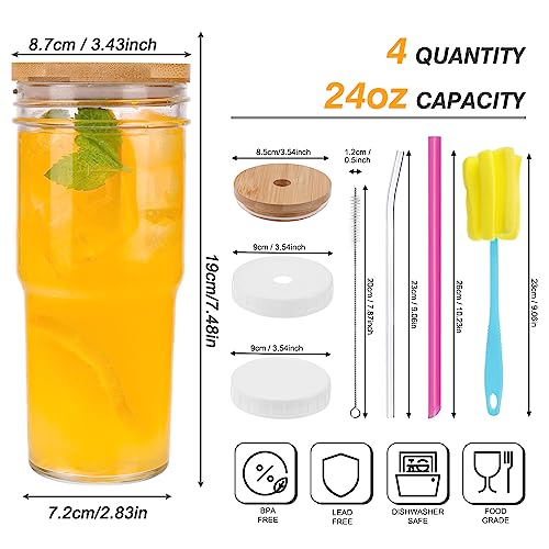 Moretoes 4pcs 24oz Glass Cups with Lids and Straws, Glass Iced Coffee Cups Cute Travel Tumbler Cup, Drinking Glasses Set Reusable Boba Bottle for Jumbo Smoothie, Bubble Tea, Cold Brew,Soda, Juice