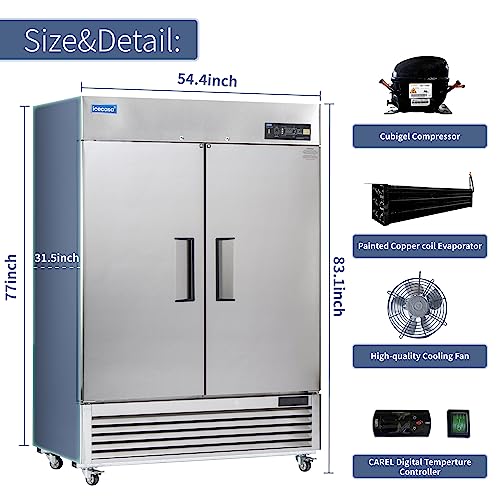 ICECASA 54" W Commercial Refrigerator Reach-in 49 Cu.ft 2 Solid Door Stainless Steel Commercial Refrigerator Fan Cooling for Restuarant, Bar, Shop, etc