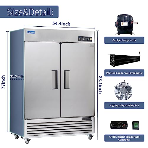 ICECASA 54"W Commercial Freezer Reach-in 49 Cu.ft 2 Solid Door Stainless Steel Commercial Freezer Fan Cooling for Restuarant, Bar, Shop, etc