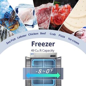 ICECASA 54"W Commercial Freezer Reach-in 49 Cu.ft 2 Solid Door Stainless Steel Commercial Freezer Fan Cooling for Restuarant, Bar, Shop, etc