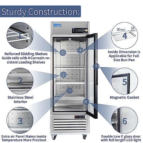 ICECASA 27" W Commercial Display Refrigerator Single Glass Door Merchandiser Reach-in 23 Cu.ft Stainless Steel Display Refrigerator Fan Cooling for Restuarant, Bar, Shop, etc