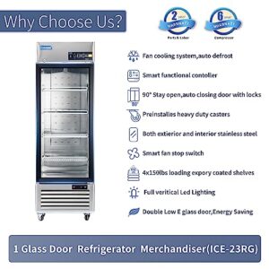 ICECASA 27" W Commercial Display Refrigerator Single Glass Door Merchandiser Reach-in 23 Cu.ft Stainless Steel Display Refrigerator Fan Cooling for Restuarant, Bar, Shop, etc