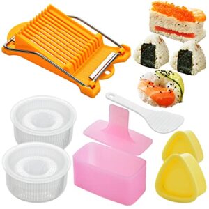 spam musubi mold rice ball maker onigiri kit - 7 pcs onigiri mold set with luncheon meat cheese egg butter cutter slicer and rice paddle - easy to use premium quality rice mold maker