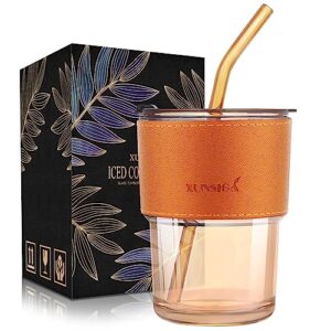 xunsiga 15 oz glass cups with lids and straws, glass iced coffee cup with insulated leather sleeve, cute glass coffee mugs for coffee iced tea smoothie cups, glass tumbler with lid - amber