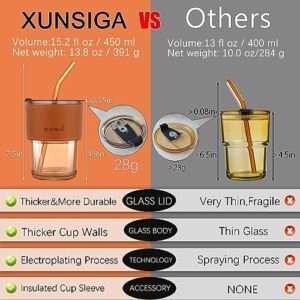 Xunsiga 15 oz Glass Cups with Lids and Straws, Glass Iced Coffee Cup with Insulated Leather sleeve, Cute Glass Coffee mugs for coffee Iced Tea Smoothie Cups, Glass Tumbler with lid - Amber