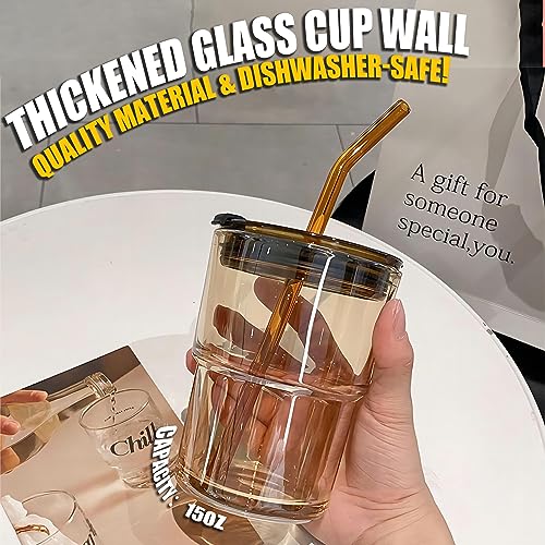 Xunsiga 15 oz Glass Cups with Lids and Straws, Glass Iced Coffee Cup with Insulated Leather sleeve, Cute Glass Coffee mugs for coffee Iced Tea Smoothie Cups, Glass Tumbler with lid - Amber