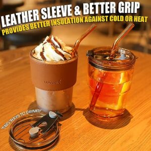 Xunsiga 15 oz Glass Cups with Lids and Straws, Glass Iced Coffee Cup with Insulated Leather sleeve, Cute Glass Coffee mugs for coffee Iced Tea Smoothie Cups, Glass Tumbler with lid - Amber