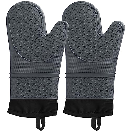 Hvalucen 2Pcs Silicone Oven Mitts Waterproof and Non-Slip Temperature Resistant to 500°F 13 inches Grey