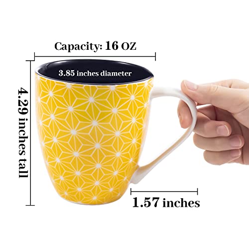 Elekpopu Coffee Mug,16oz Ceramic Large Latte Mugs Set of 4 with Bright Color and Patterns Combination, Porcelain Coffee Cups with Big Handle, Modern Style Kitchen Decor, Housewarming Gift Choice