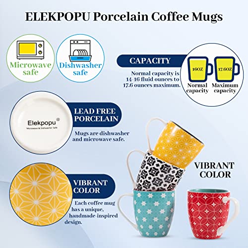 Elekpopu Coffee Mug,16oz Ceramic Large Latte Mugs Set of 4 with Bright Color and Patterns Combination, Porcelain Coffee Cups with Big Handle, Modern Style Kitchen Decor, Housewarming Gift Choice