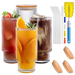 boichu ribbed glassware set of 4, ribbed glass cups with lids and straws - vintage ribbed drinking glasses with bamboo lids, 11 oz cute fluted glassware for iced coffee,cocktail,beer,smoothie,etc
