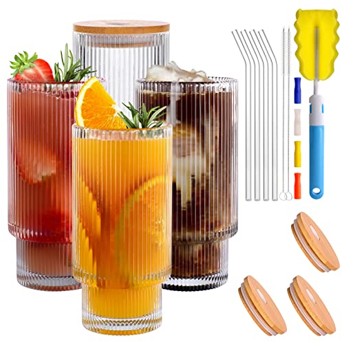 BOICHU Ribbed Glassware Set of 4, Ribbed Glass Cups with Lids and Straws - Vintage Ribbed Drinking Glasses with Bamboo Lids, 11 OZ Cute Fluted Glassware for Iced Coffee,Cocktail,Beer,Smoothie,etc